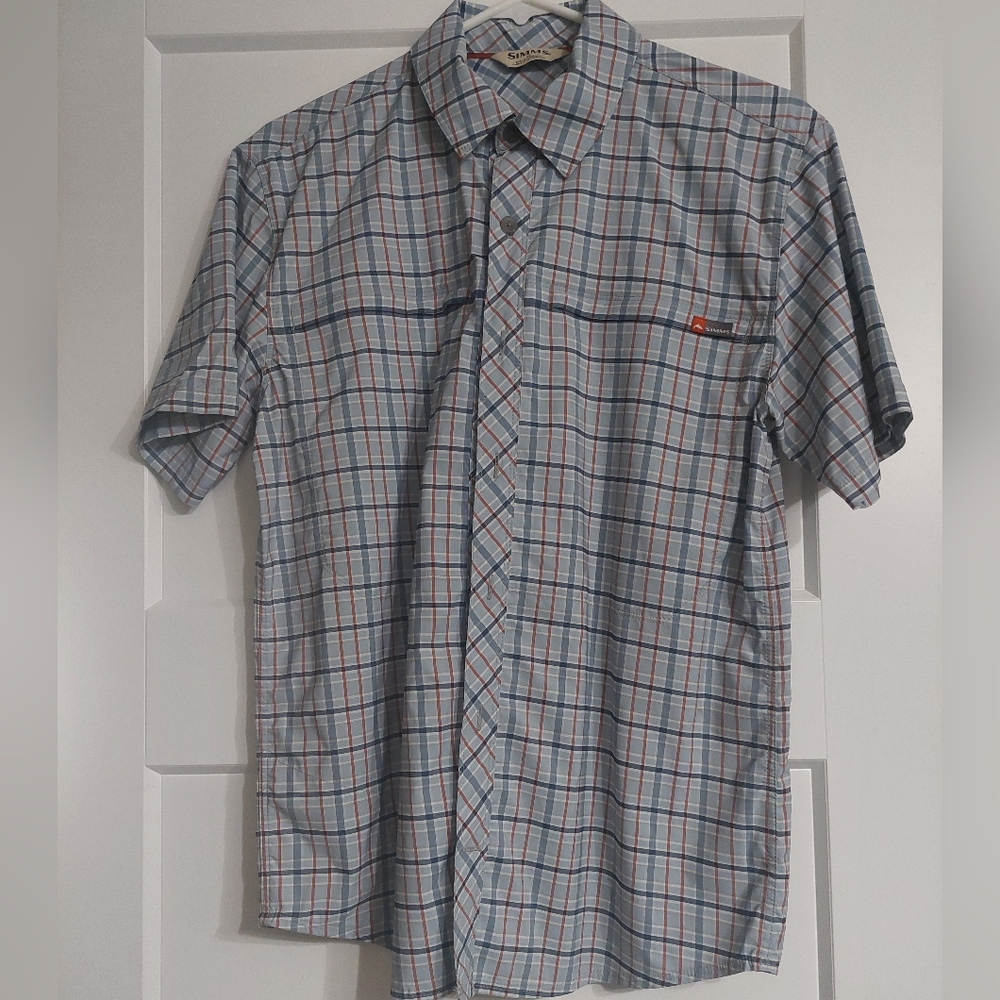 Simms Fishing Products Short Sleeve Button Down Shirt Blue Plaid Size S